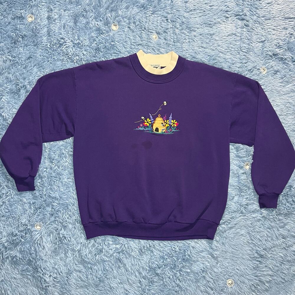 VINTAGE Bumblebee Hive Flower Crewneck Sweater Size XL Women’s Nature Purple 90s